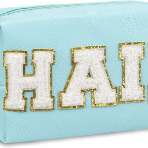 Bolsa de maquillaje de parche de piel sintética, portátil, impermeable, para cosméticos, uso diario, para mujeres y niñas, Pelo azul., Parche Preppy Bolsa de maquillaje de parche de piel sintética, portátil, impermeable, para cosméticos, uso diario, para mujeres y niñas, Pelo azul., Parche Preppy