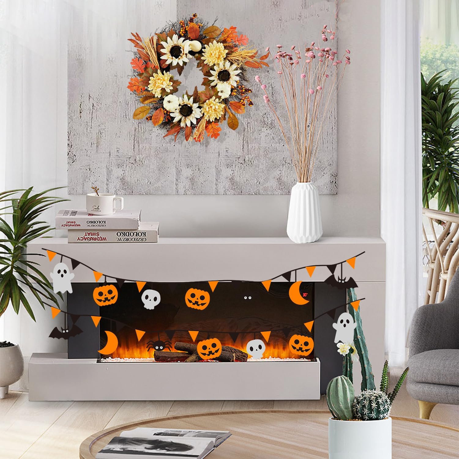 Coronas de otoño, hojas de arce, calabaza, girasol, corona de girasol, cosecha de Acción de Gracias, Halloween, hogar, exterior, ventana, decoración