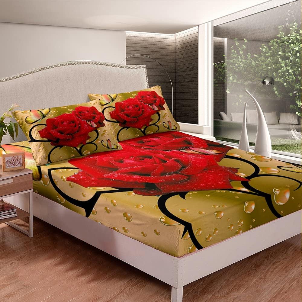Erosebridal Sábana bajera ajustable de rosas para niñas y mujeres, juego de ropa de cama de mariposa colorida, tamaño Queen, rosas rojas, sábanas