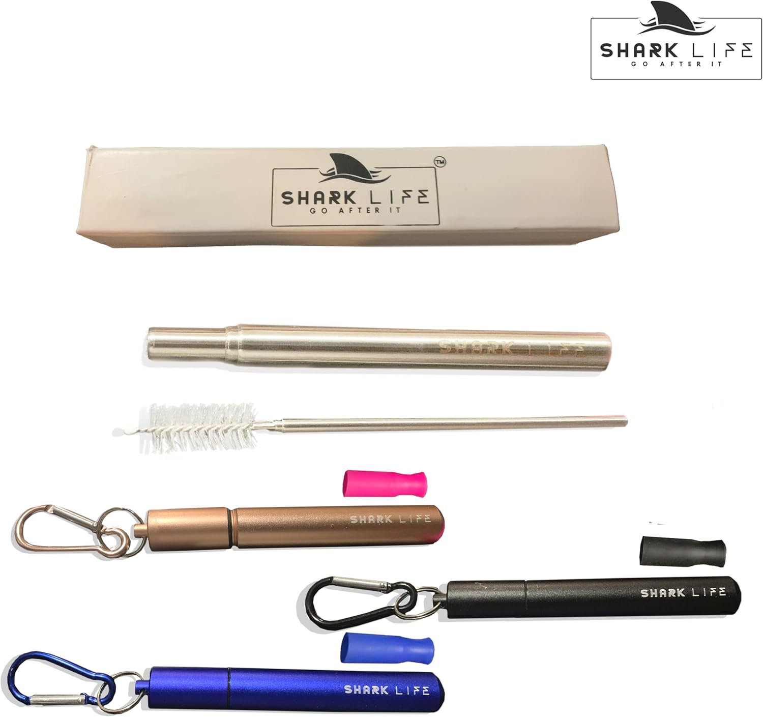 SharkLife – Pajita telescópica de viaje reutilizable con estuche, un cepillo de limpieza y boquilla de silicona suave, popote de acero inoxidable,