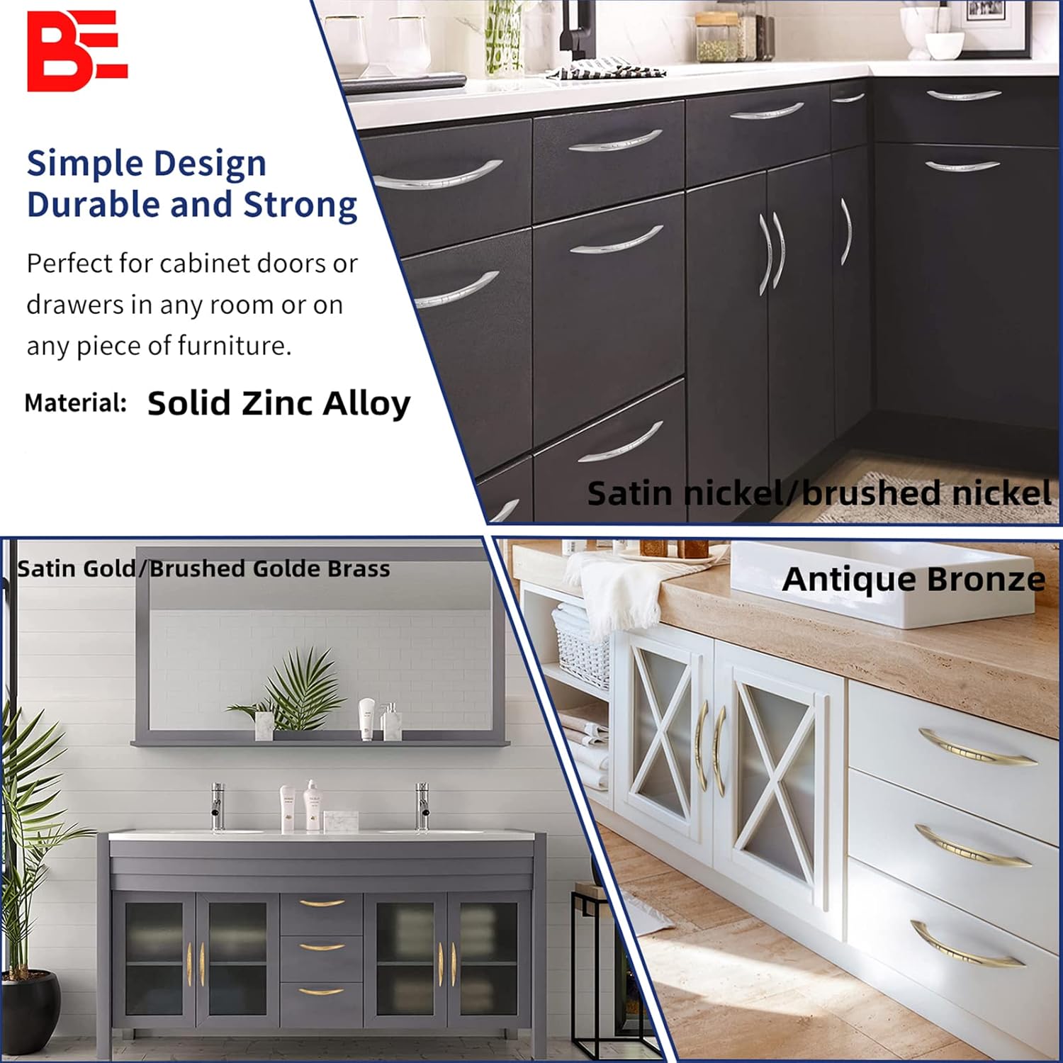 BE Paquete de 10 tiradores arqueados de aleación de zinc para gabinete, tiradores para cajones, puertas de gabinete de cocina, baño, tocador