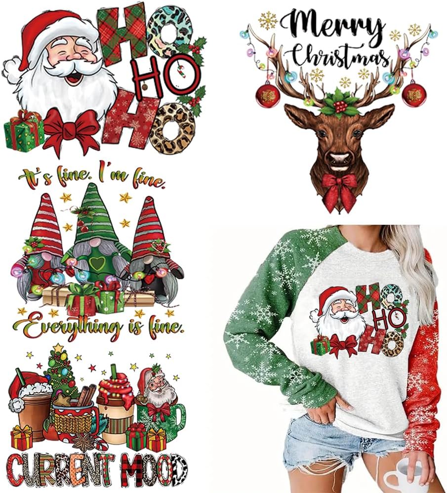 Calcomanías de transferencia para planchar de Navidad, parches para planchar con Papá Noel, lavables, calcomanías de transferencia térmica, árbol de