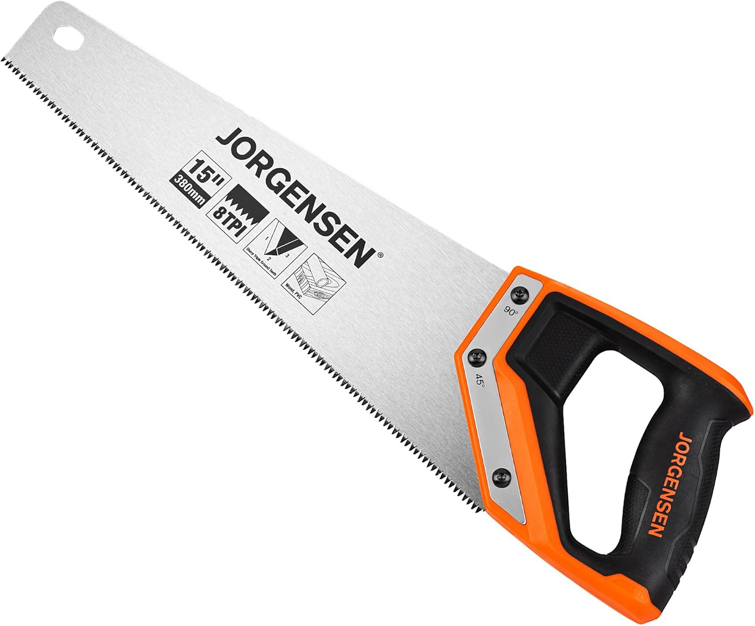 JORGENSEN – Sierra de mano profesional de 15 pulgadas, 8 TPI de corte fino ergonómico antideslizante de aluminio mango de soldadura ultrasónica para