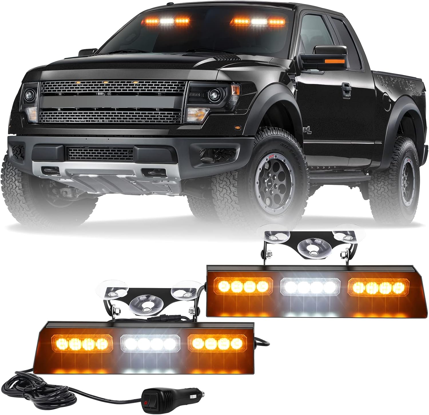 XRIDONSEN 2 tiras de luces estroboscópicas de emergencia de camión de 70 pulgadas y luces estroboscópicas de emergencia blanco ámbar para parabrisas