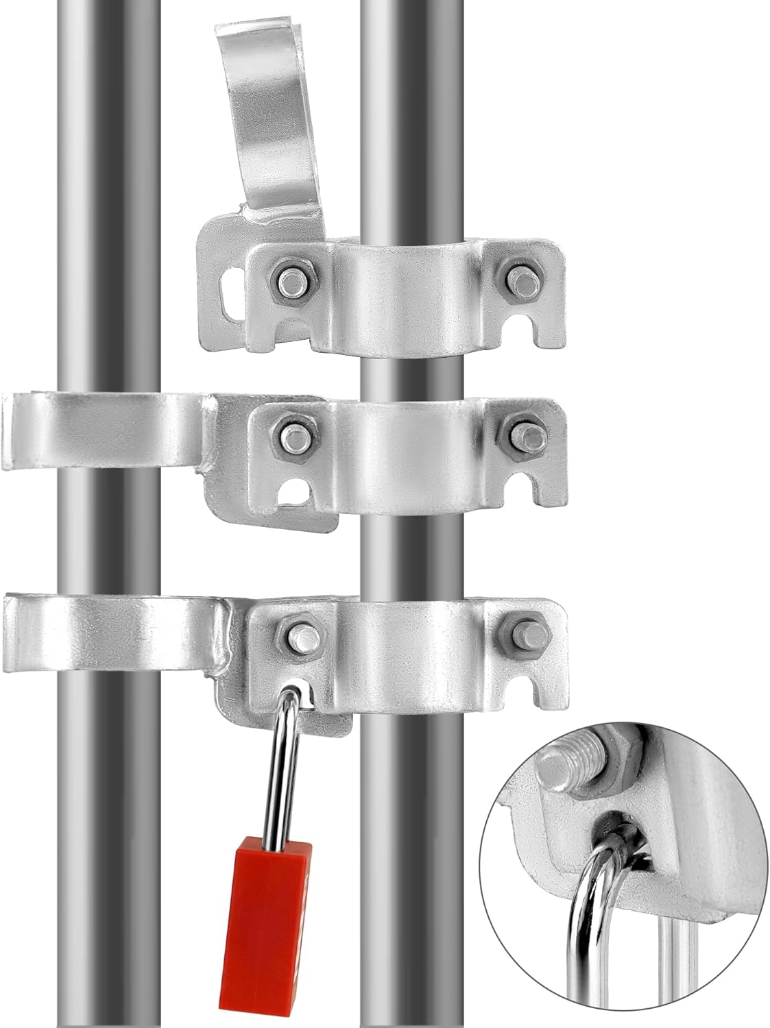 QWORK Pestillo de horquilla, 4 piezas de 1-38 pulgadas x 1-38 pulgadas, cerrojo galvanizado para puerta de cerca, cerraduras de valla de cadena con
