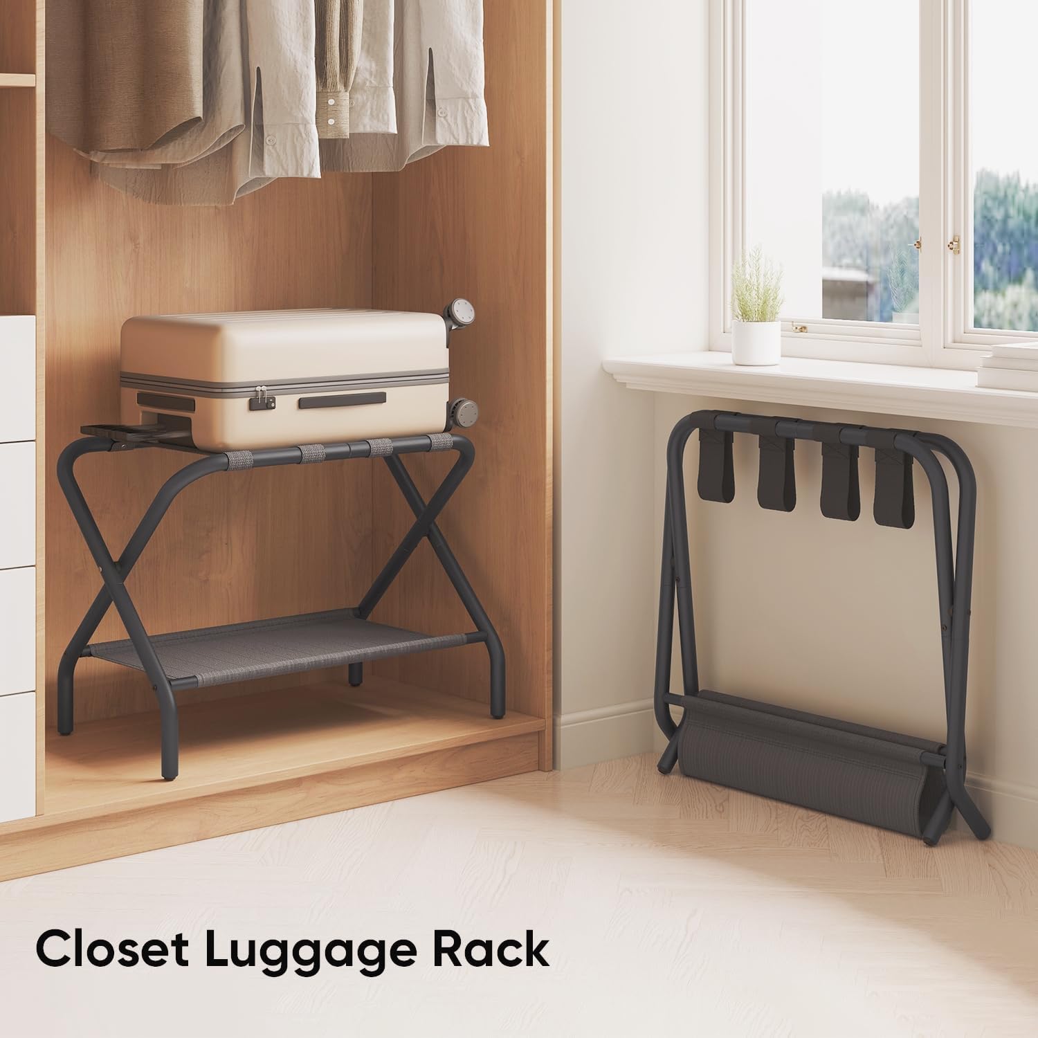 Smart FENDEE Portaequipajes para habitación de invitados, soporte plano plegable para maleta con estante de tela, soporte de equipaje portátil de
