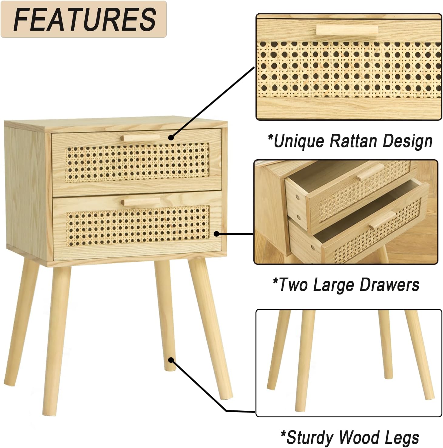 AWASEN Mesita de noche de ratán con cajones, moderna mesita de noche con almacenamiento, mesa auxiliar de madera para dormitorio y espacio pequeño