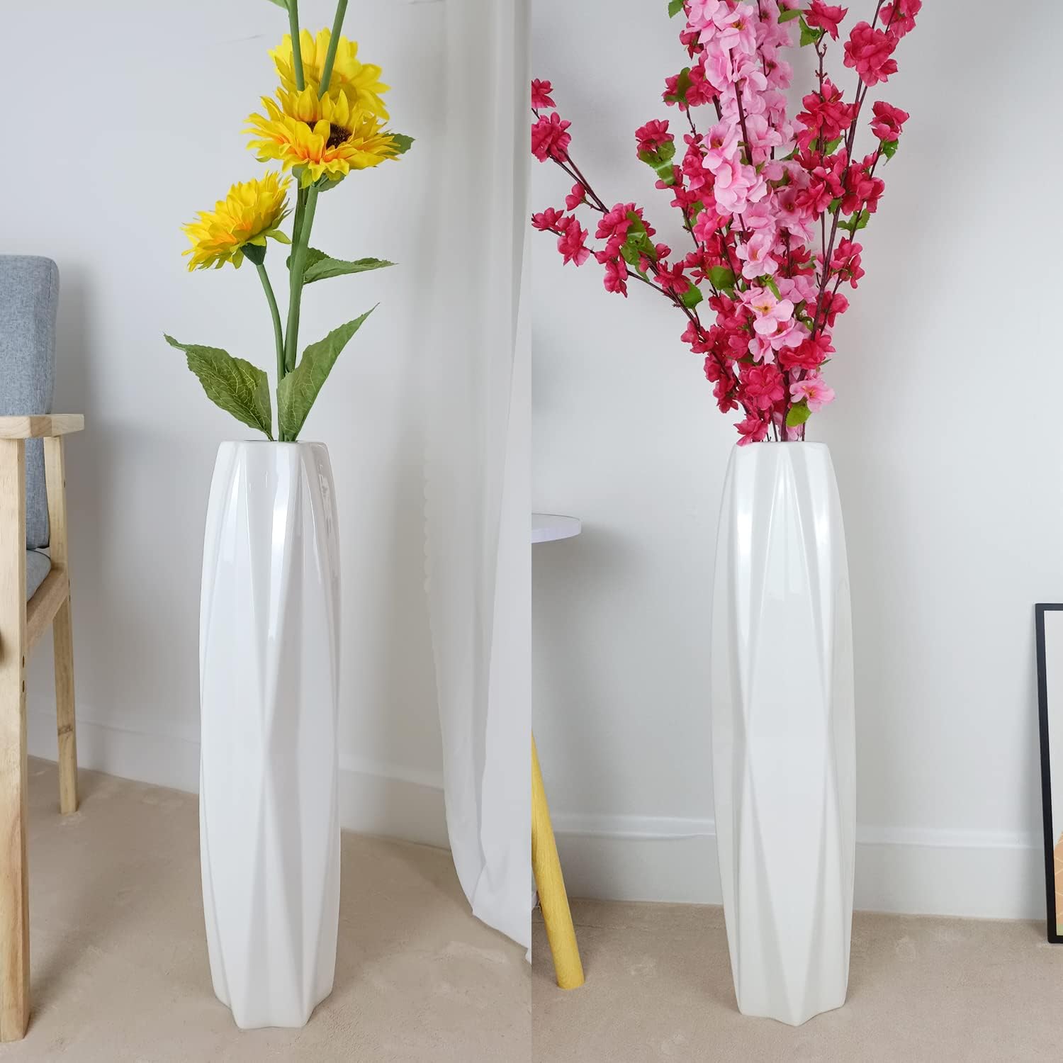 Jarrón grande de cerámica de 24 pulgadas de alto, jarrones blancos altos y modernos para oficina, hogar, granja, decoración de sala de estar, diseño