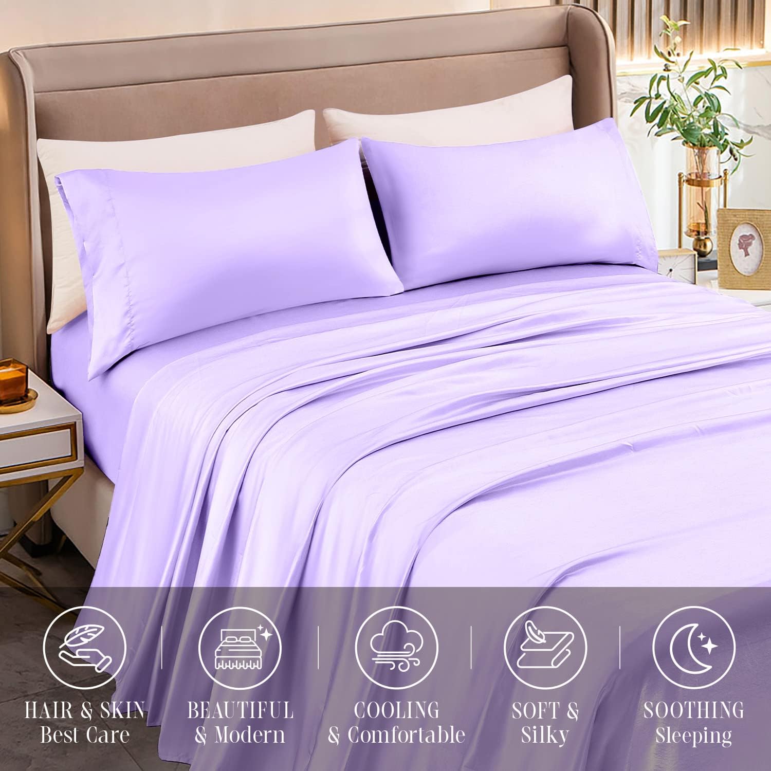 Elegant Comfort Lujoso juego de sábanas de satén sedoso de 4 piezas, agradable para la piel y el cabello, resistente a las arrugas, la decoloración