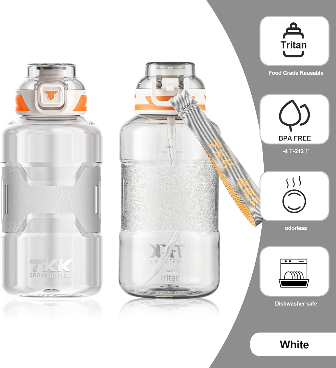 TKK Botella de agua deportiva de 50 onzas, botella de agua de medio galón con pajilla, botella de agua de plástico de gran capacidad, apta para