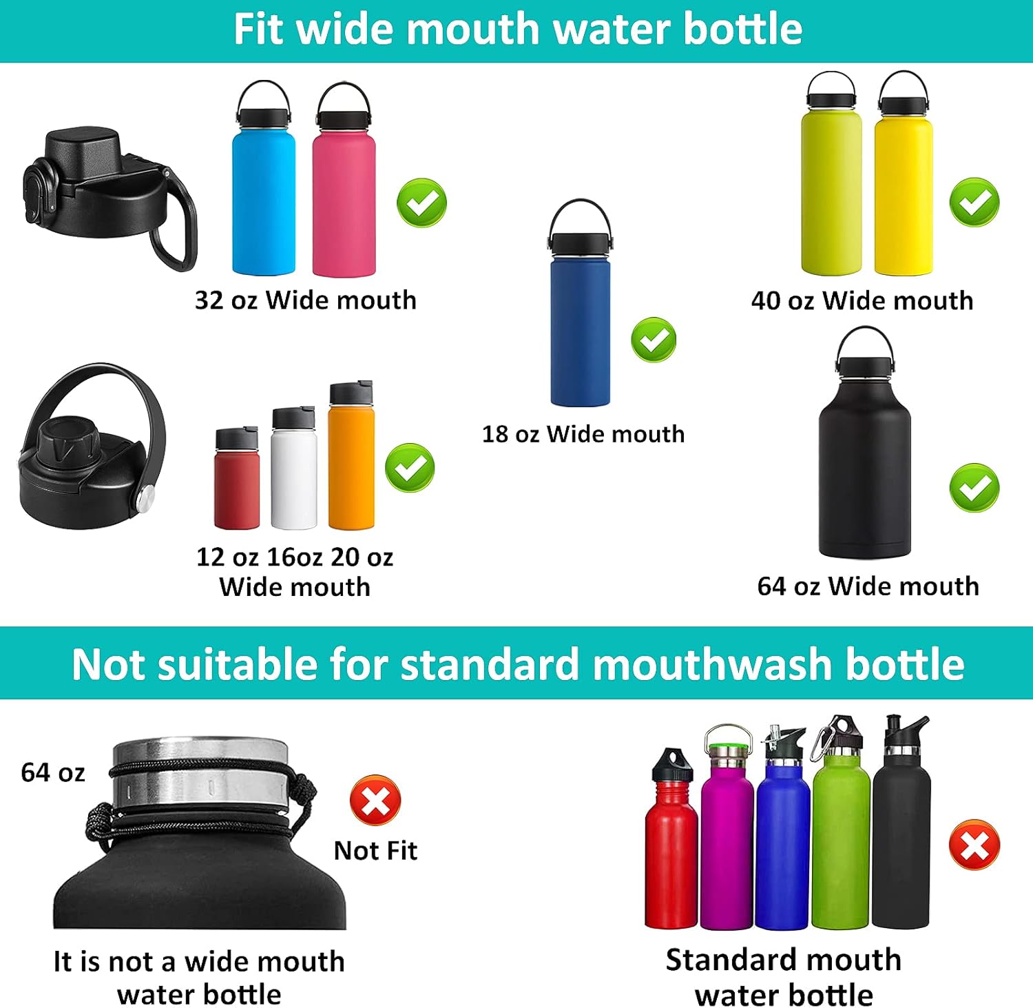 Vmini Tapa compatible con botella de agua deportiva Hydro Flask de boca ancha, mango grande, fácil de transportar, compatible con la mayoría de