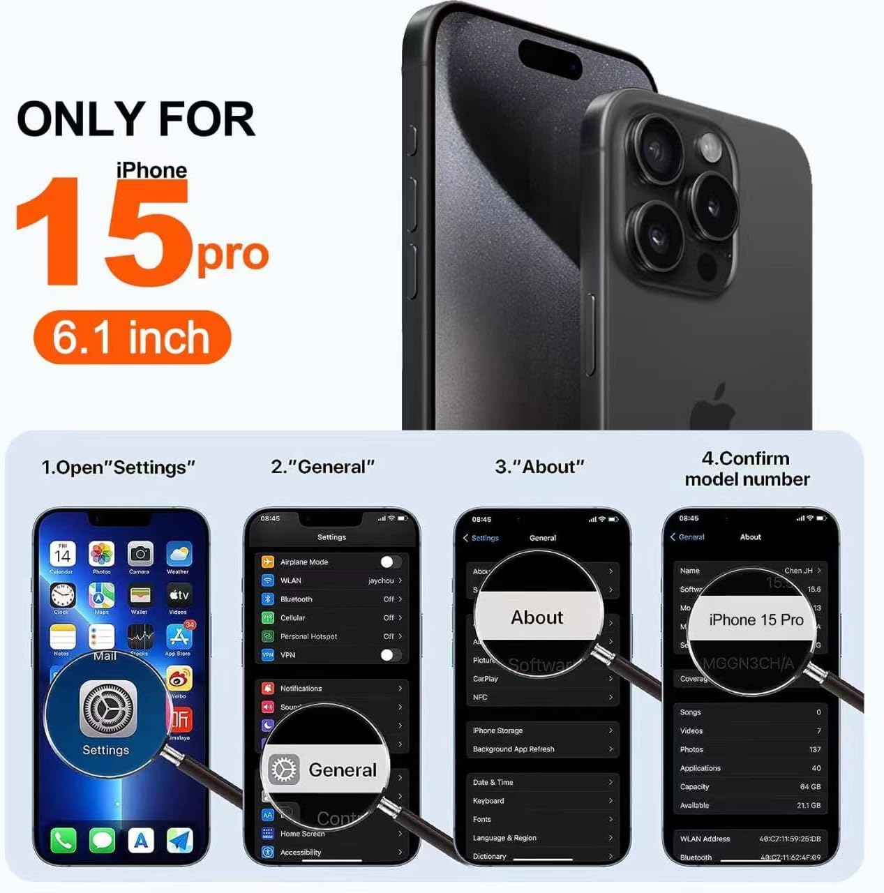 Funda transparente diseñada para iPhone 15 Pro, 2 protectores de pantalla, 30 x antiamarilleo, compatible con MagSafe, protector de cámara