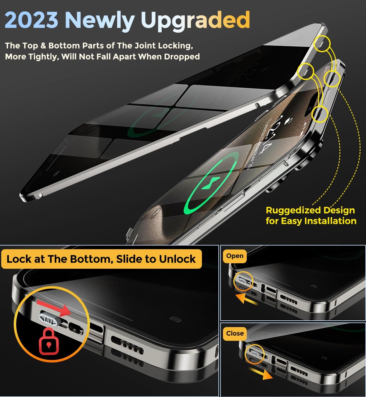 Bucle de CD + bloqueo de seguridad Funda magnética para iPhone 15 Pro Max, pantalla de privacidad con lente de cámara parachoques de metal