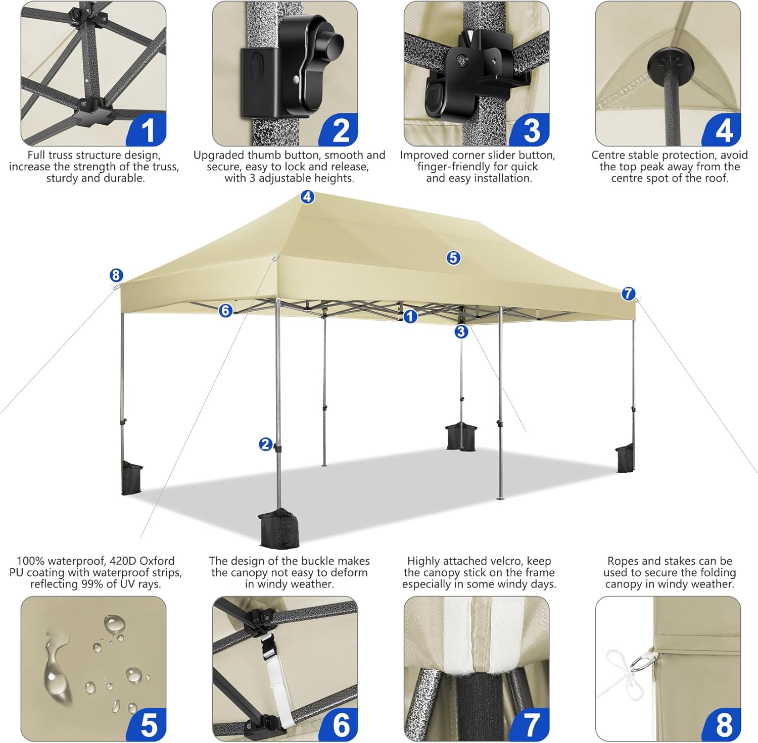 Tooluck Toldo desplegable resistente de 10 x 20 pulgadas, altura ajustable, toldo comercial fácil de instalar, UPF 50+, impermeable, al aire libre,