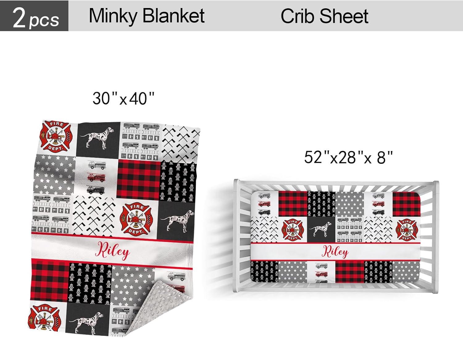 Juego de ropa de cama de bebé personalizado para niños y niñas, nombre personalizado, tema de camión de bomberos, juego de 2 piezas, edredón para