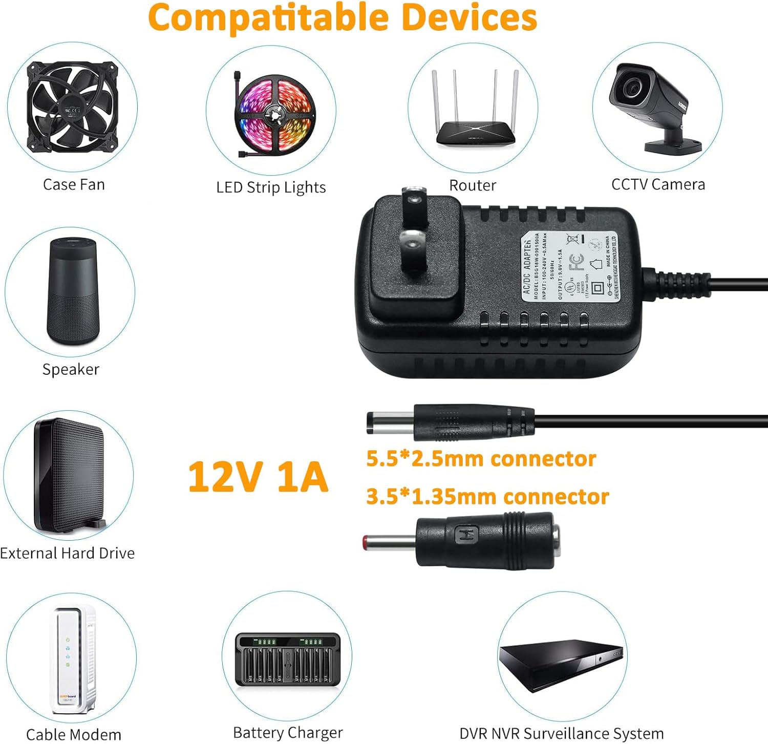DCHAV Fuente de alimentación de 12V 1A Adaptador de CA a CC 100-240V 50-60Hz Cable de alimentación Transformador 0.217 in x 0.098 in 0.138 in x