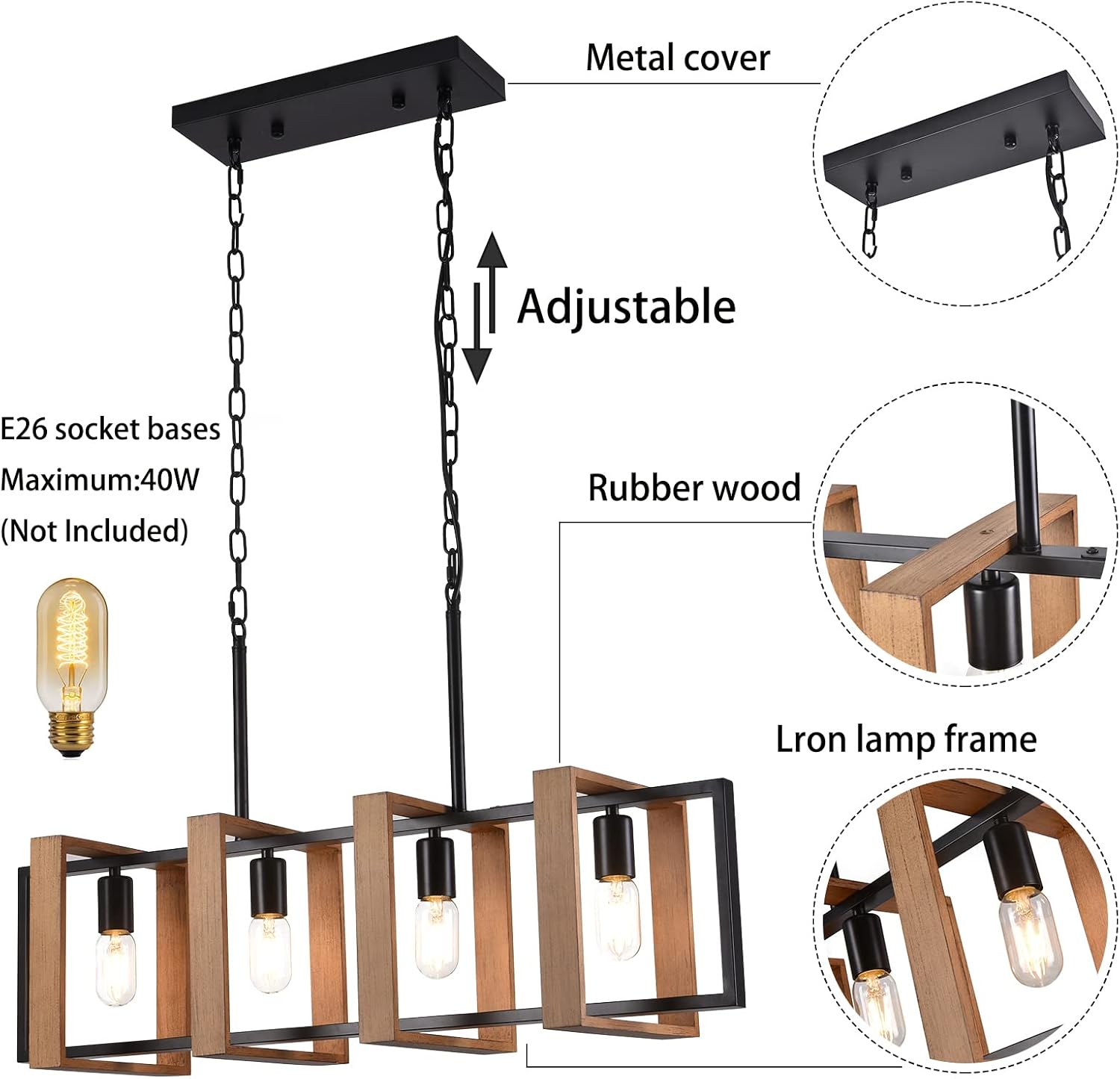 Lámpara de araña de 33 pulgadas para isla de cocina, lámpara rústica de 4 luces, lámpara colgante industrial moderna negra para mesa de comedor y
