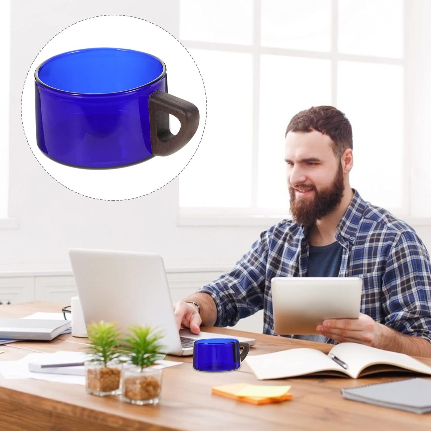 Kichvoe Tazas de café de vidrio transparente Taza de café de vidrio transparente Vaso de agua de gran capacidad con mango de madera, taza de
