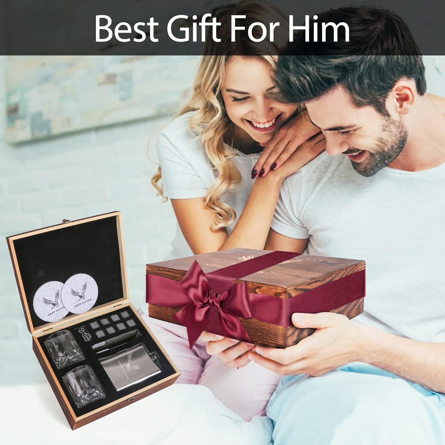 JROUTH Juego de 2 vasos de whisky y frasco, piedras de borbón, regalo para hombres, incluye vasos de cristal de whisky, rocas de granito, posavasos