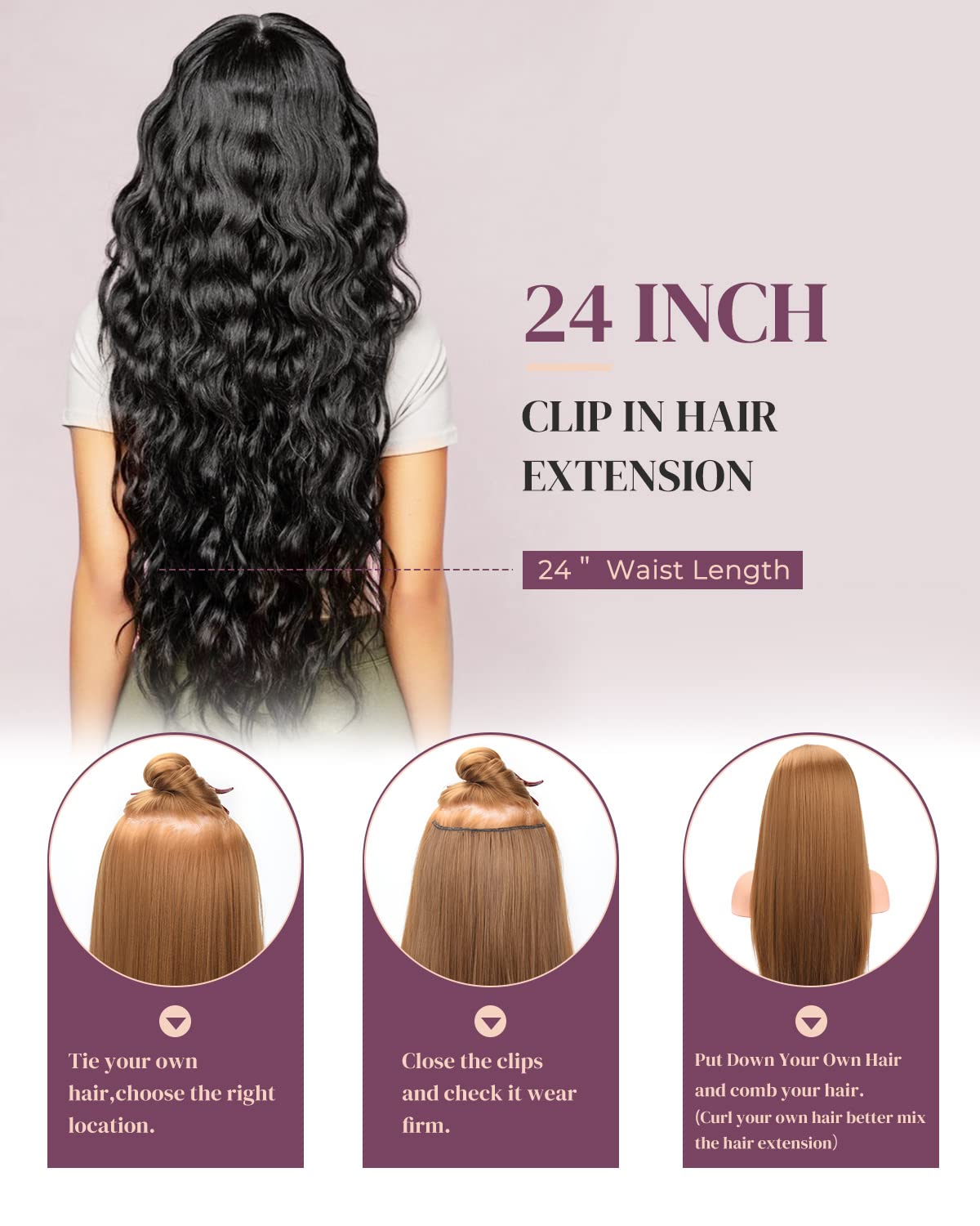 LONAI Extensiones de cabello con clip, 6 unidades, rizado de 24 pulgadas de largo, sintético, postizo para mujer, rubio ceniza natural