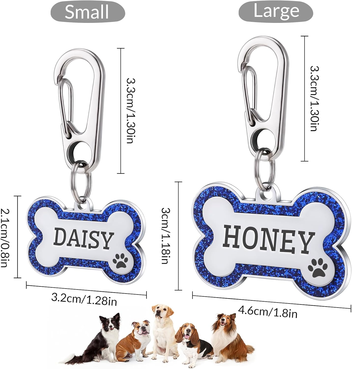 Etiquetas de identificación para mascotas, etiquetas personalizadas para perros con diseño de hueso brillante, collar grabado en ambos lados,