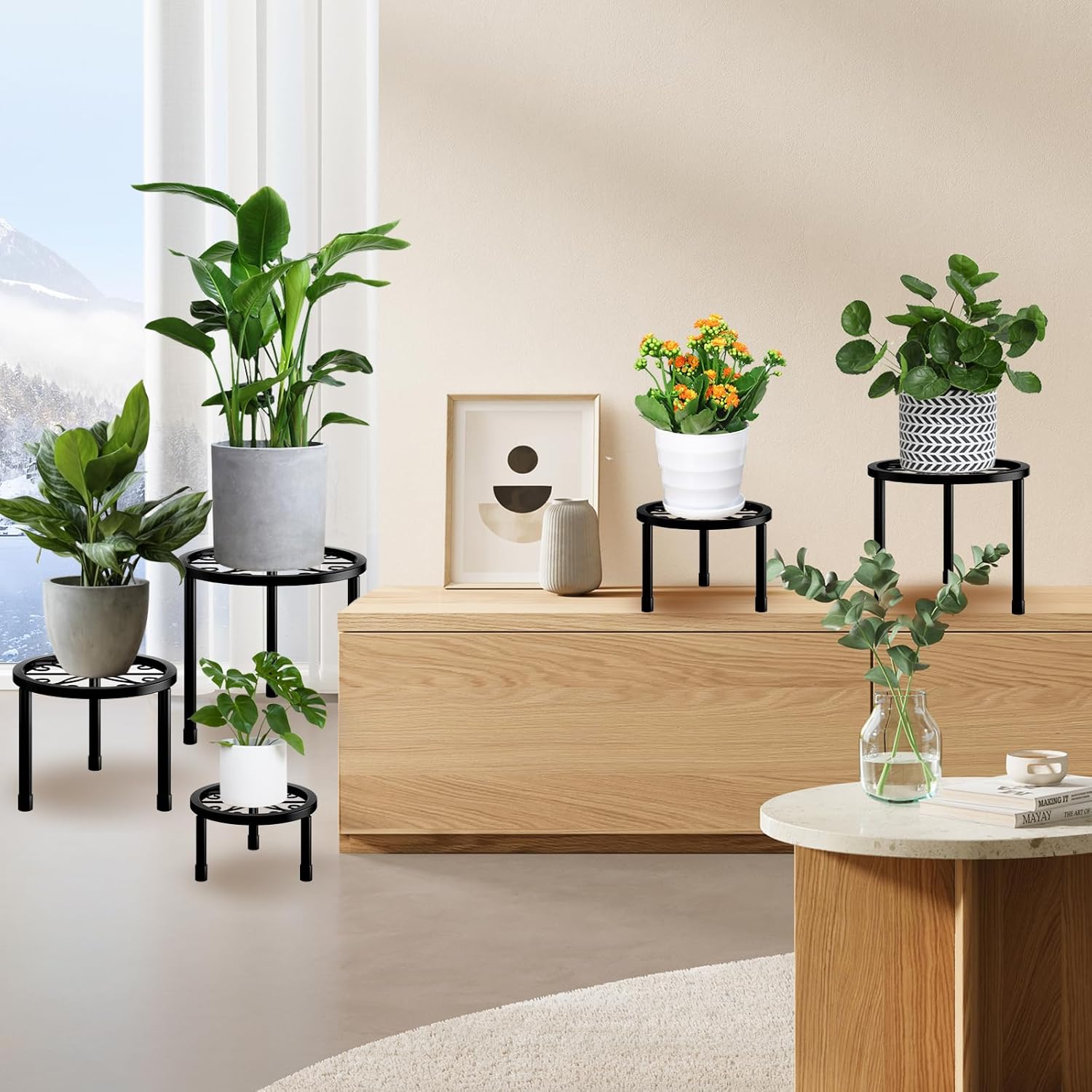 Paquete de 5 soportes de metal para plantas de hierro para exteriores, soporte para macetas en maceta, soporte para plantas en maceta, contenedor de