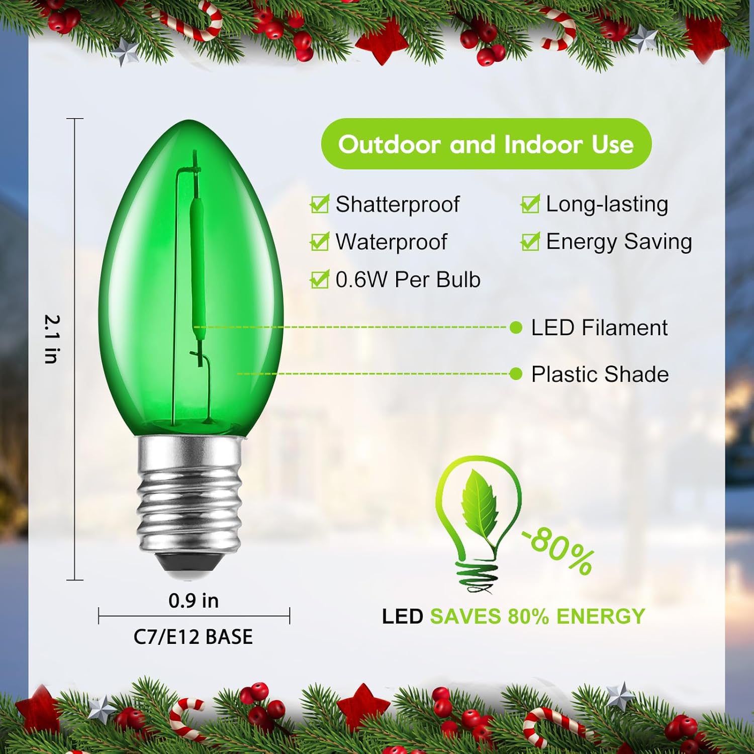 Bombilla LED verde C7 de repuesto para Navidad, bombillas E12 C7 inastillables de repuesto, bombillas regulables de grado comercial para Navidad,