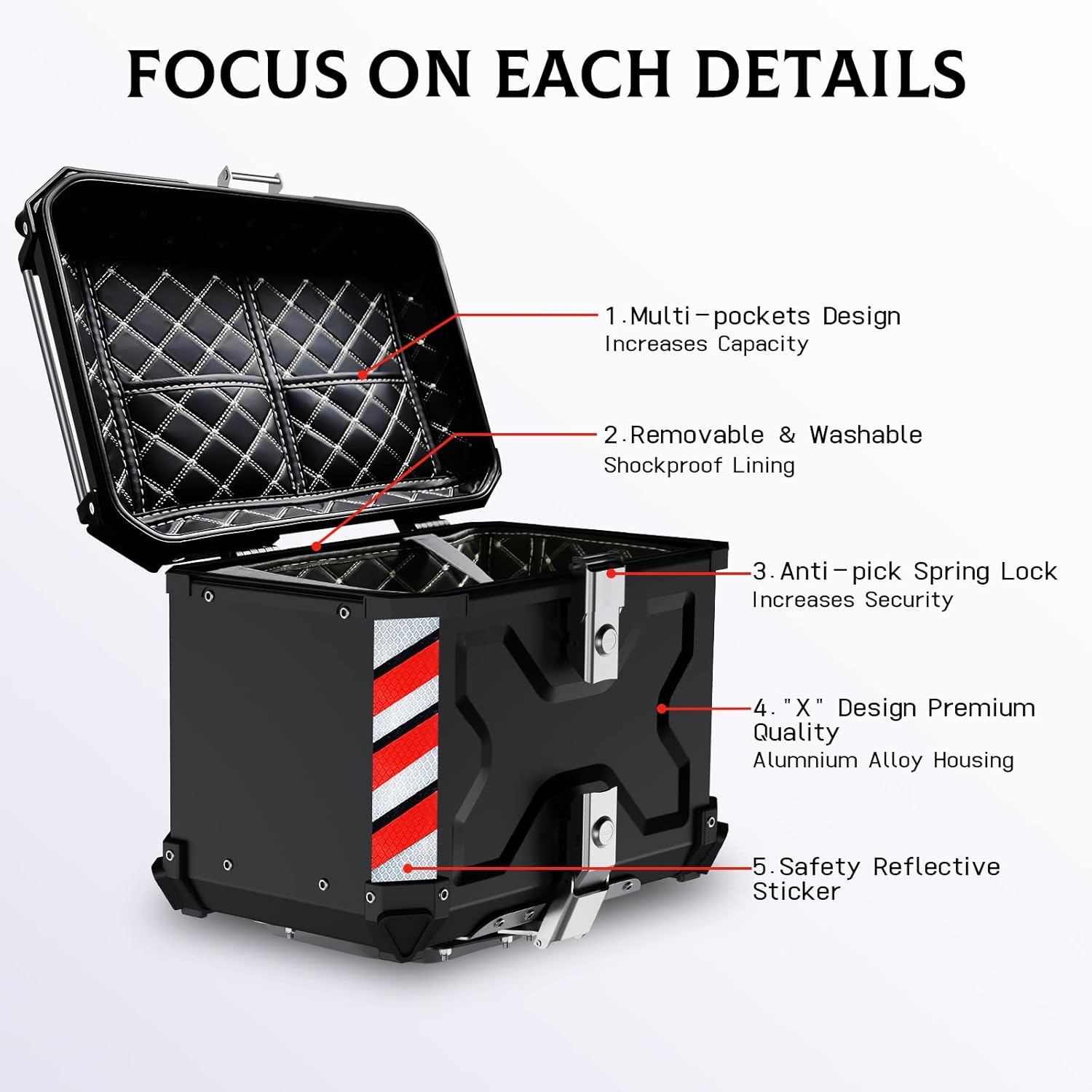 Maleta superior de motocicleta de 45 L, calidad premium Caja de aluminio resistente con cerradura de seguridad para guardar el equipaje del casco,