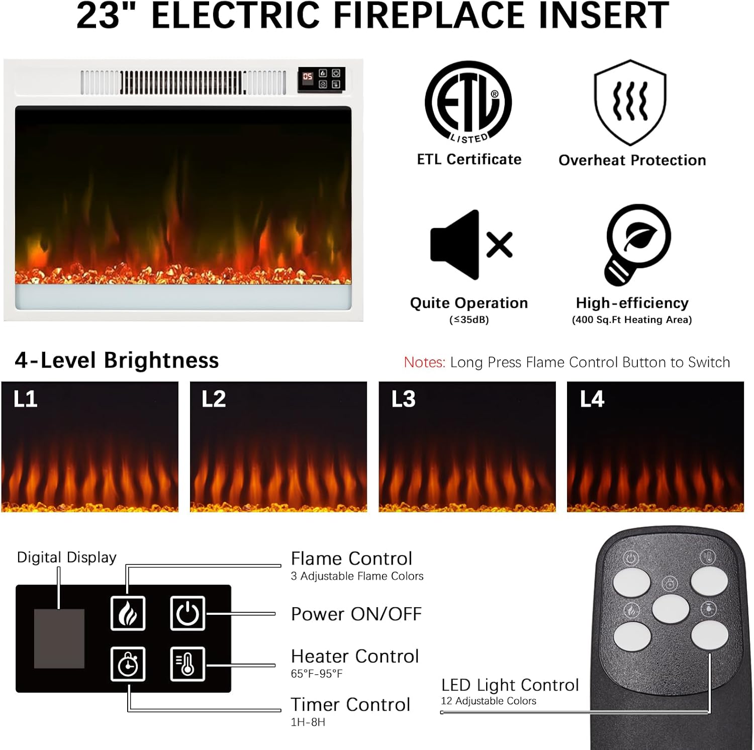 Soporte de TV con chimenea eléctrica de 23 pulgadas, centro de entretenimiento con luz LED de 65 pulgadas con chimenea eléctrica blanca, estantes