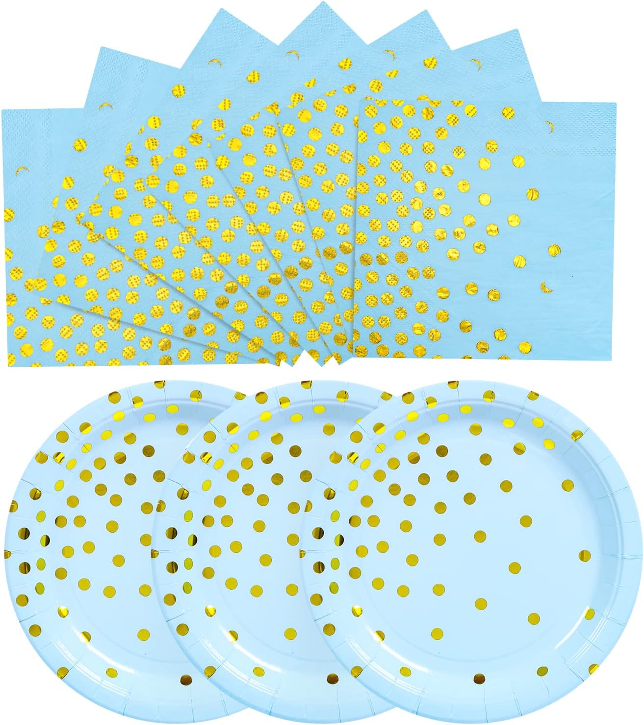Platos y servilletas de papel azul dorado  Platos de postre de 25 x 7 pulgadas y servilletas de 25 x 6.5 pulgadas, platos de papel azul para fiestas