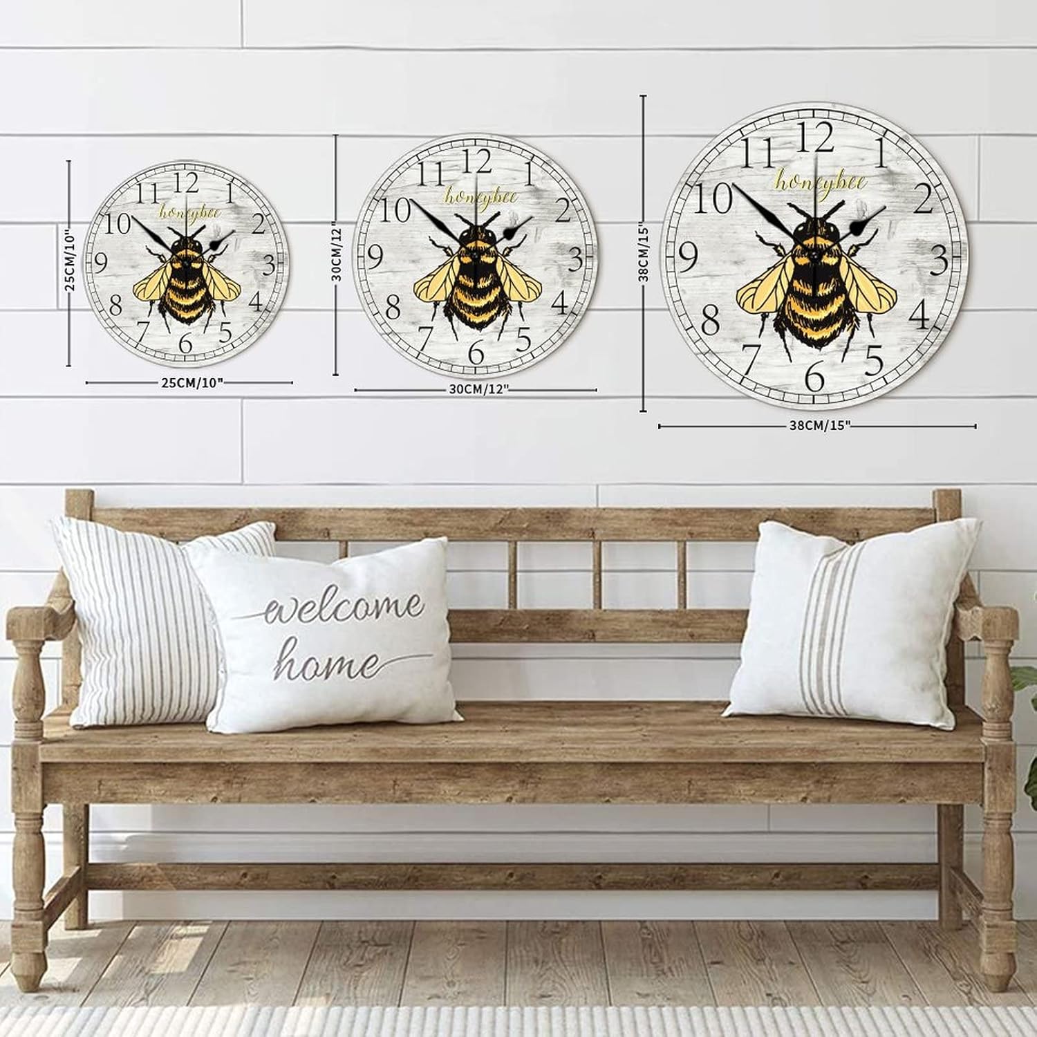 Reloj de pared retro estilo granja, abejas de abejas de miel, estilo antiguo, reloj de madera silencioso, sin tictac, funciona con pilas, reloj