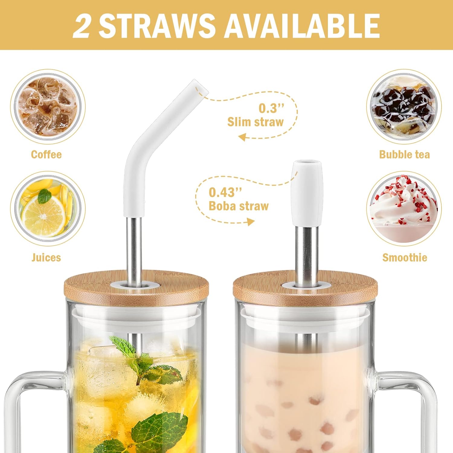 Kodrine Vaso con tapa y pajilla, vaso de café de vidrio de 20 onzas con asa, taza para batidos con tapa de bambú, marcador de tiempo, funda
