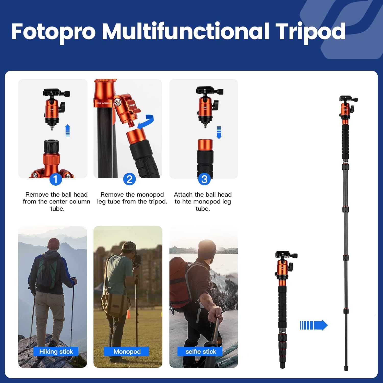 Fotopro Trípode de fibra de carbono de 57 pulgadas para cámara, trípode de viaje ligero con cabeza de bola, monopie desmontable con placa de