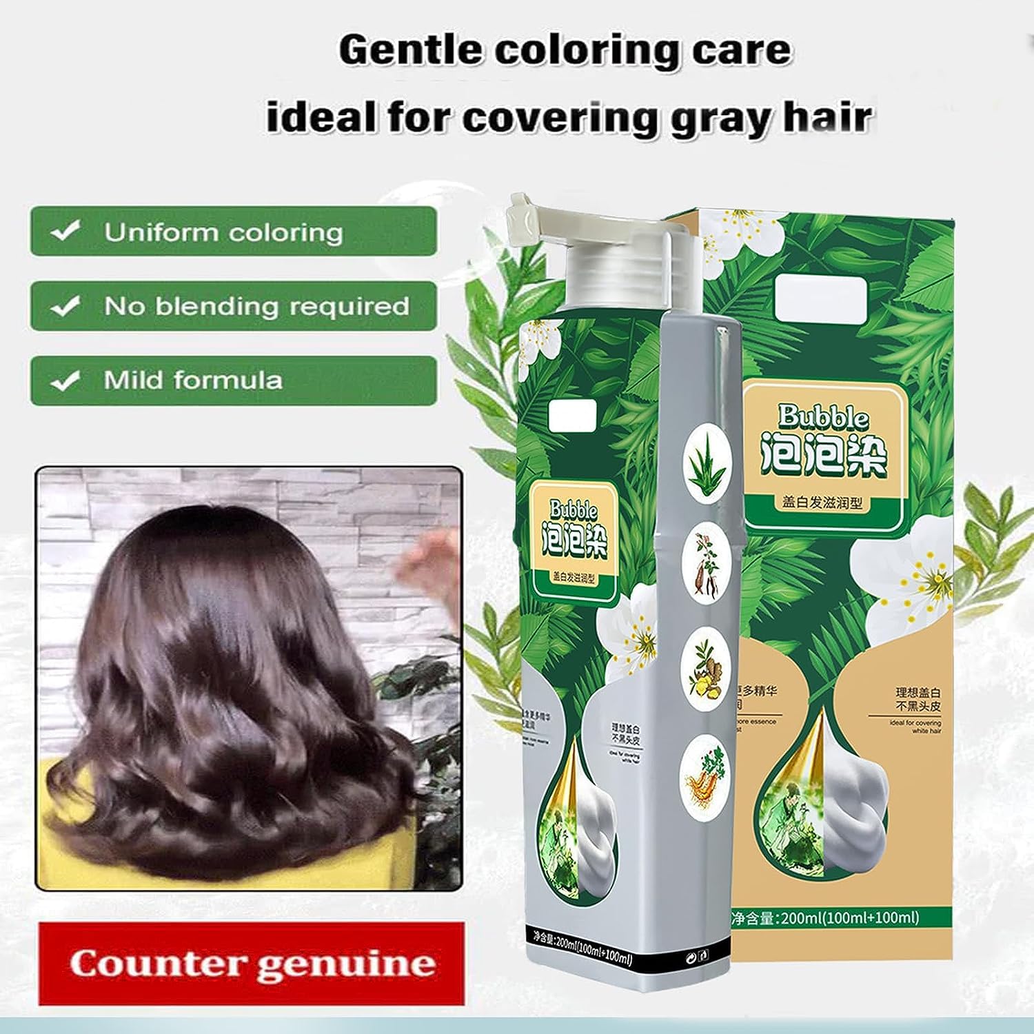 Tinte de burbujas de color de cabello gris, tinte de burbujas para el cabello, champú de tinte de burbujas, extracto de planta puro para tinte de