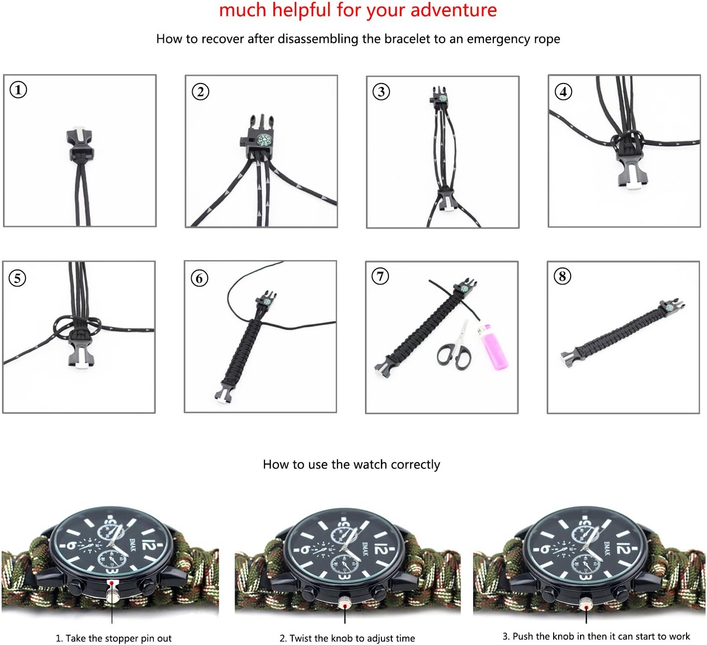 Pulsera de supervivencia para deportes al aire libre, 7 núcleos Paracord Mountaineer Noctilucente, reloj de emergencia pulsera de primeros auxilios,