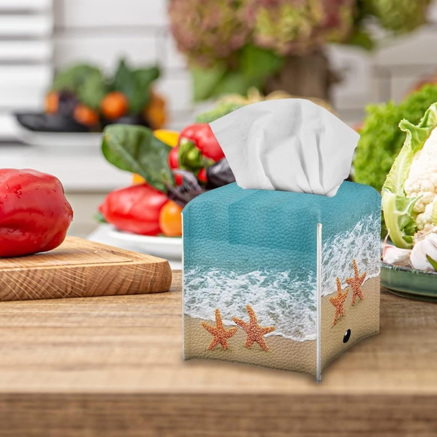 Cubierta cuadrada para caja de pañuelosorganizador que no se cae con estrellas de mar de playa de piel sintética, soporte decorativo para caja de
