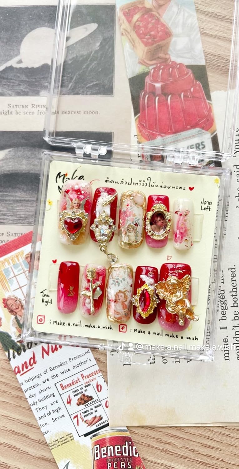 Boudoir red angel! press on nails, False nail, fake nails, handmade, nail art  design by make.a.nail.make.a.wish (XS, Nature)