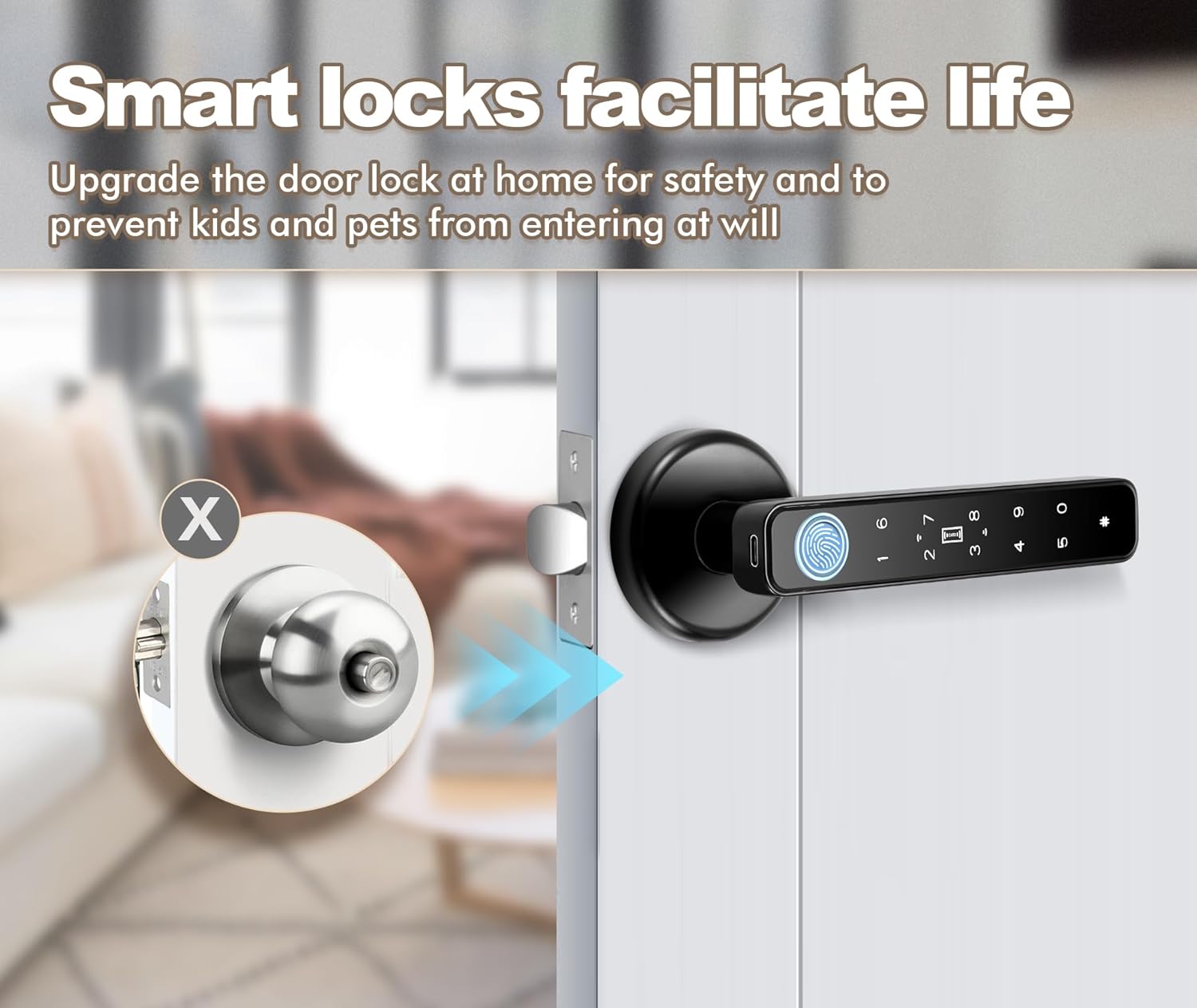 Pomo de puerta de huellas dactilares, función completa, perilla inteligente 5 en 1, cerradura de puerta de huellas dactilares para dormitorio,