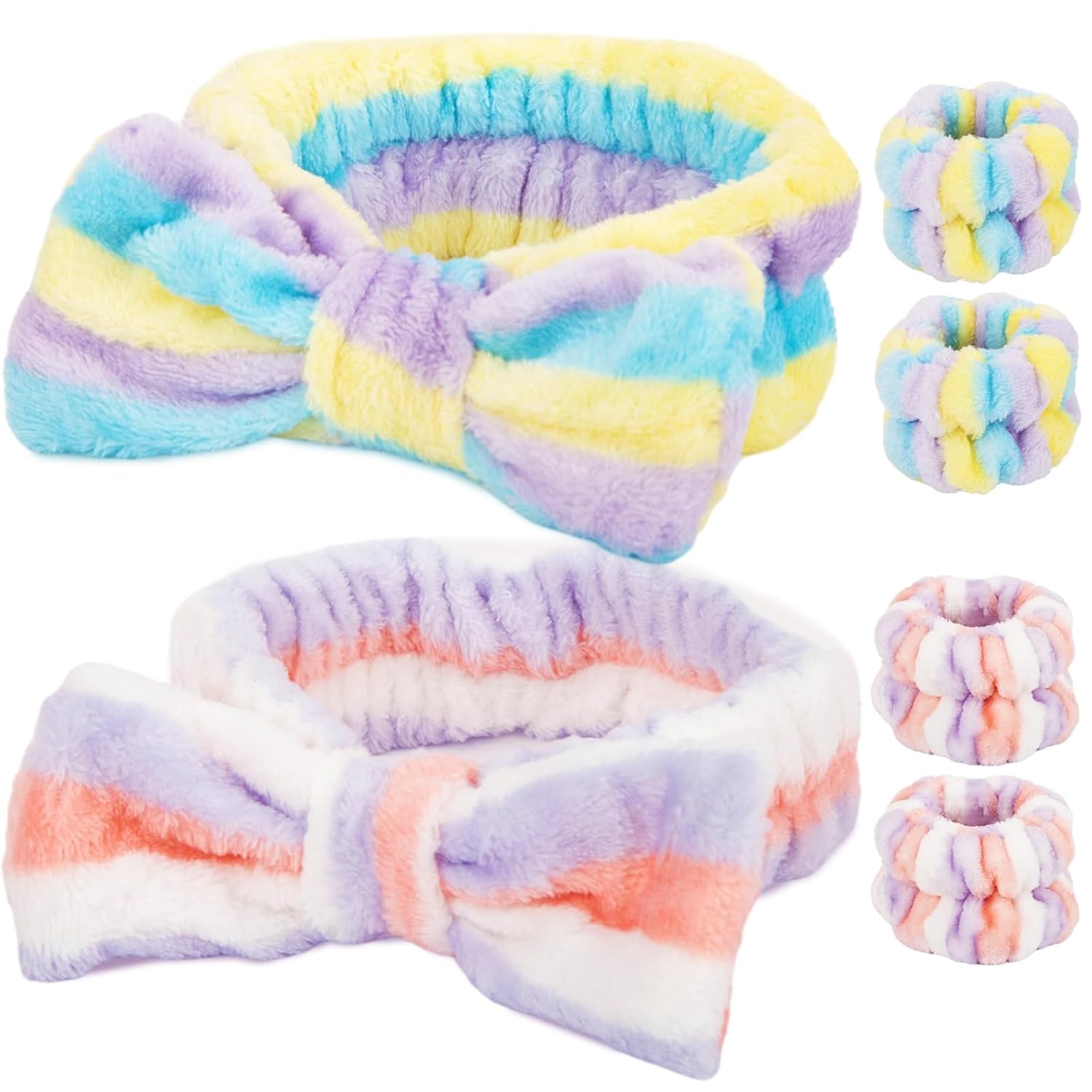 Shindel Juego de 6 diademas de lavado facial, diademas de maquillaje con pulseras de forro polar coral para mujeres, spa, cuidado de la piel, yoga