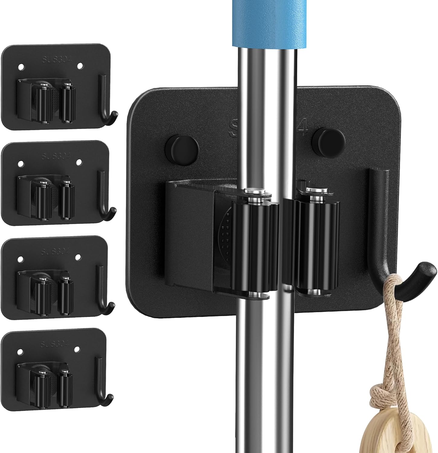 4 Pack Broom Holder Wall Mount Stainless Steel Mop Hanger – Home Laundry Room, Kitchen, Closet, Garage Organization and Storage Heavy Duty Utility