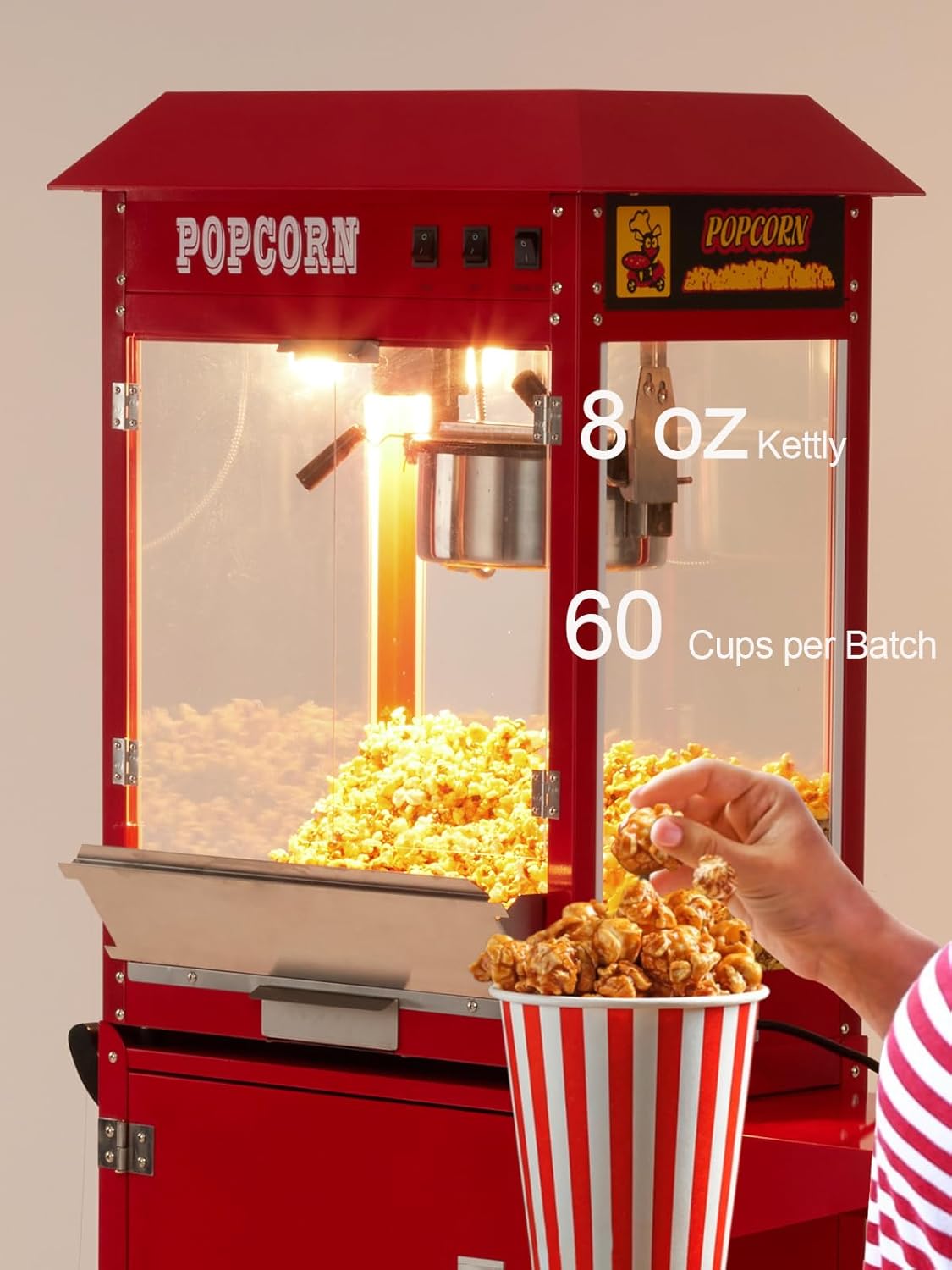 Máquina comercial de palomitas de maíz con soporte, máquina profesional para hacer palomitas de maíz con hervidor de 8 onzas que hace hasta 60