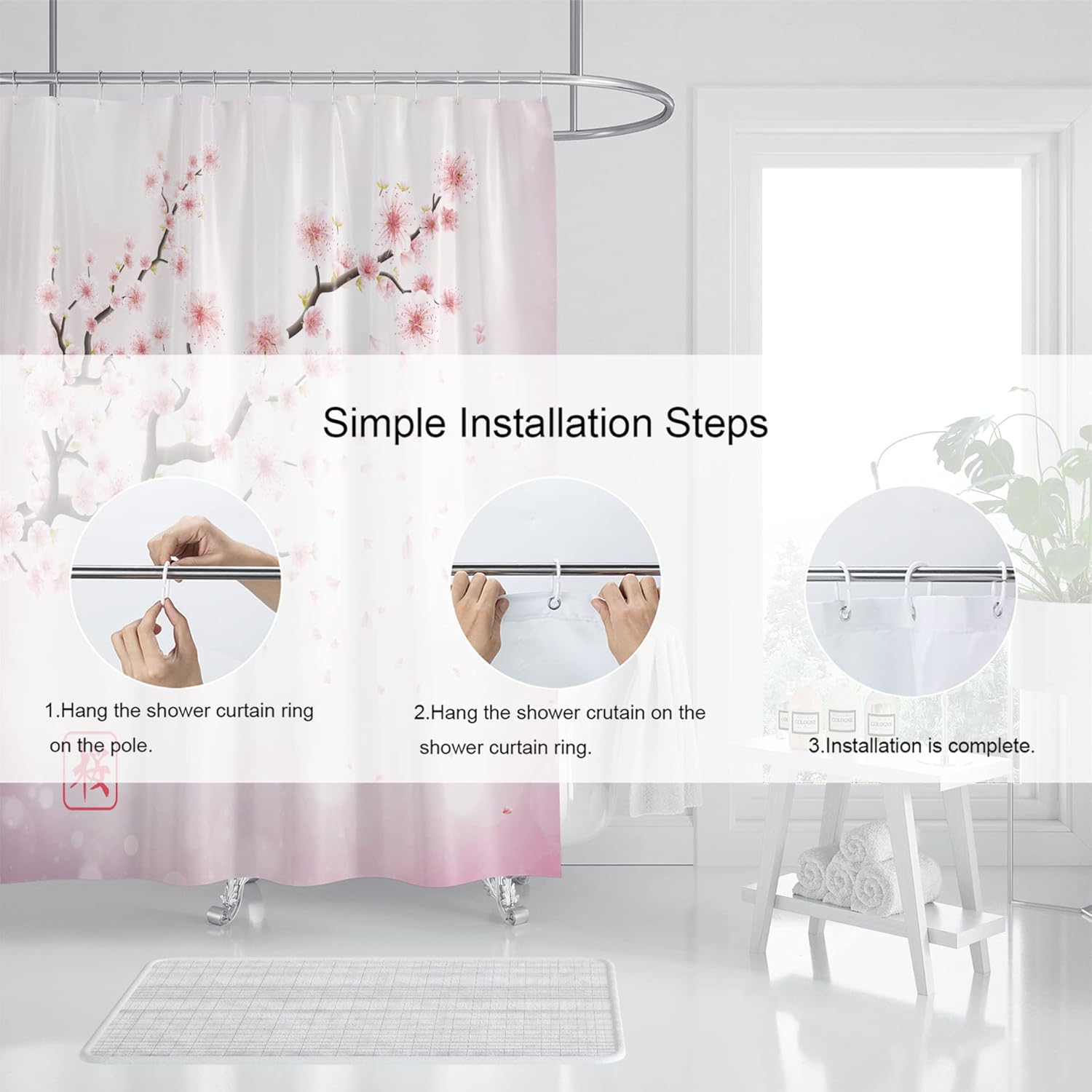 Cortina de ducha con diseño de flor de cerezo rosa, juego de cortina de ducha japonesa Sakura floral, cortinas de ducha para baño, tela impermeable