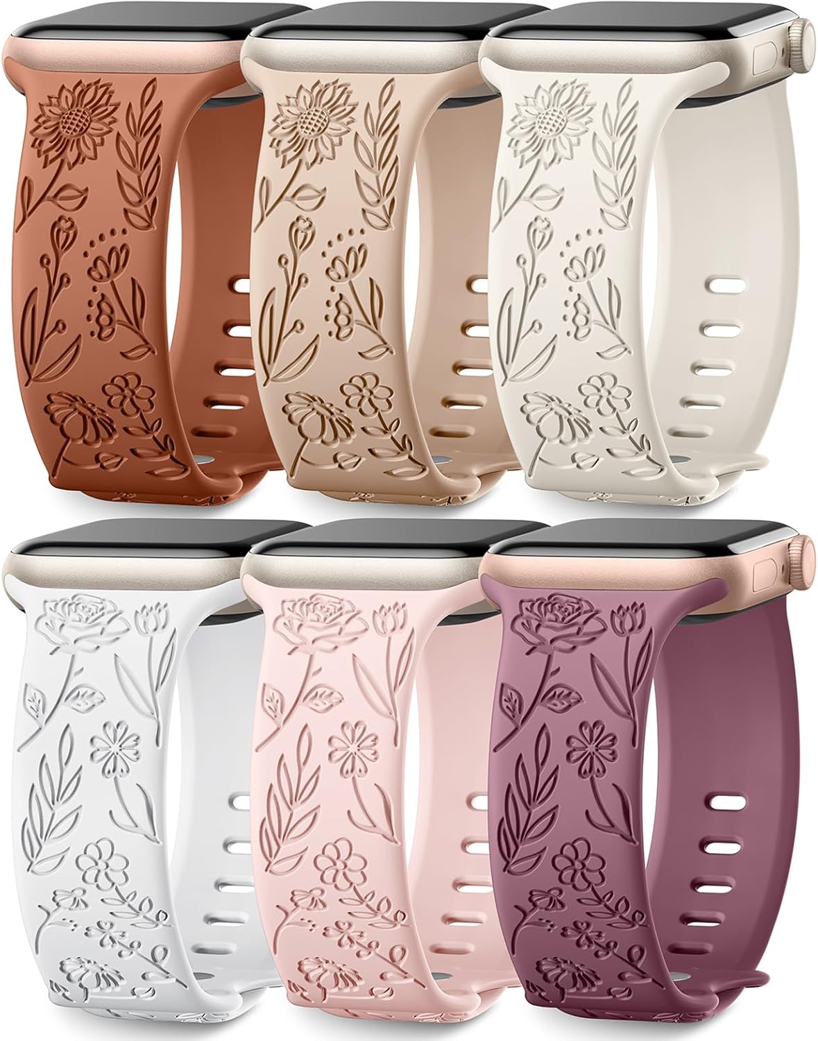 Paquete de 6 correas con grabado floral compatibles con Apple Watch Band de 1.732 pulgadas, 1.575 pulgadas, 1.494 pulgadas, 1.654 pulgadas, 1.614