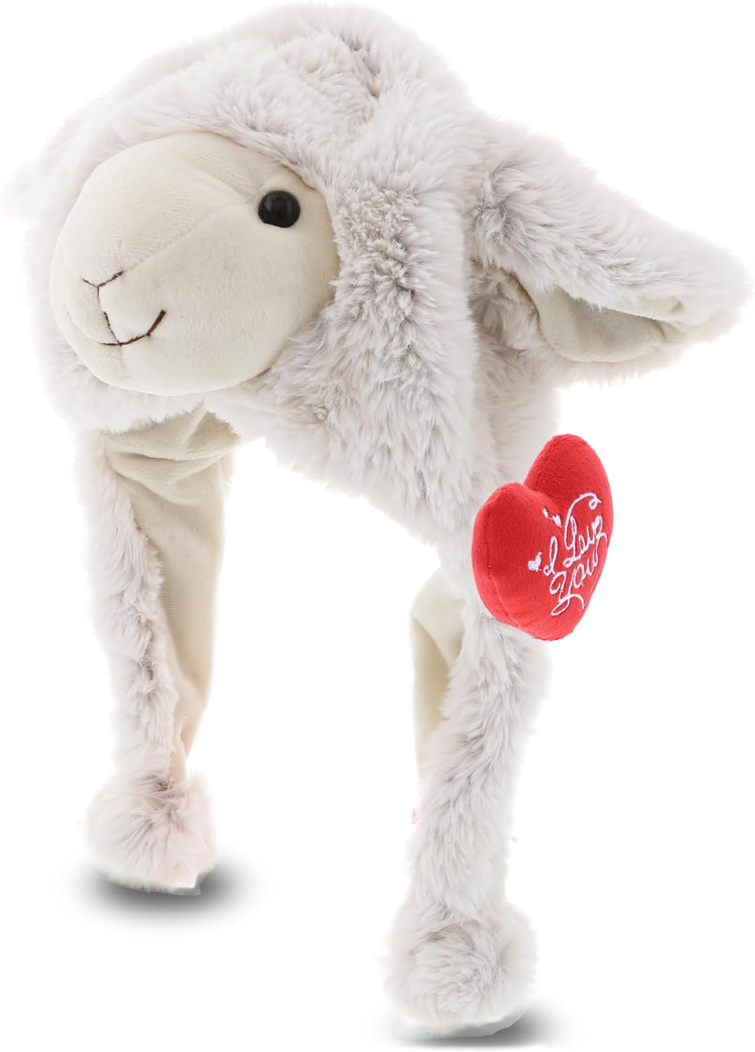 DolliBu I Love You – Gorro de peluche blanco de oveja de San Valentín, lindo animal de peluche con corazón rojo y nombre, regalo personalizado para