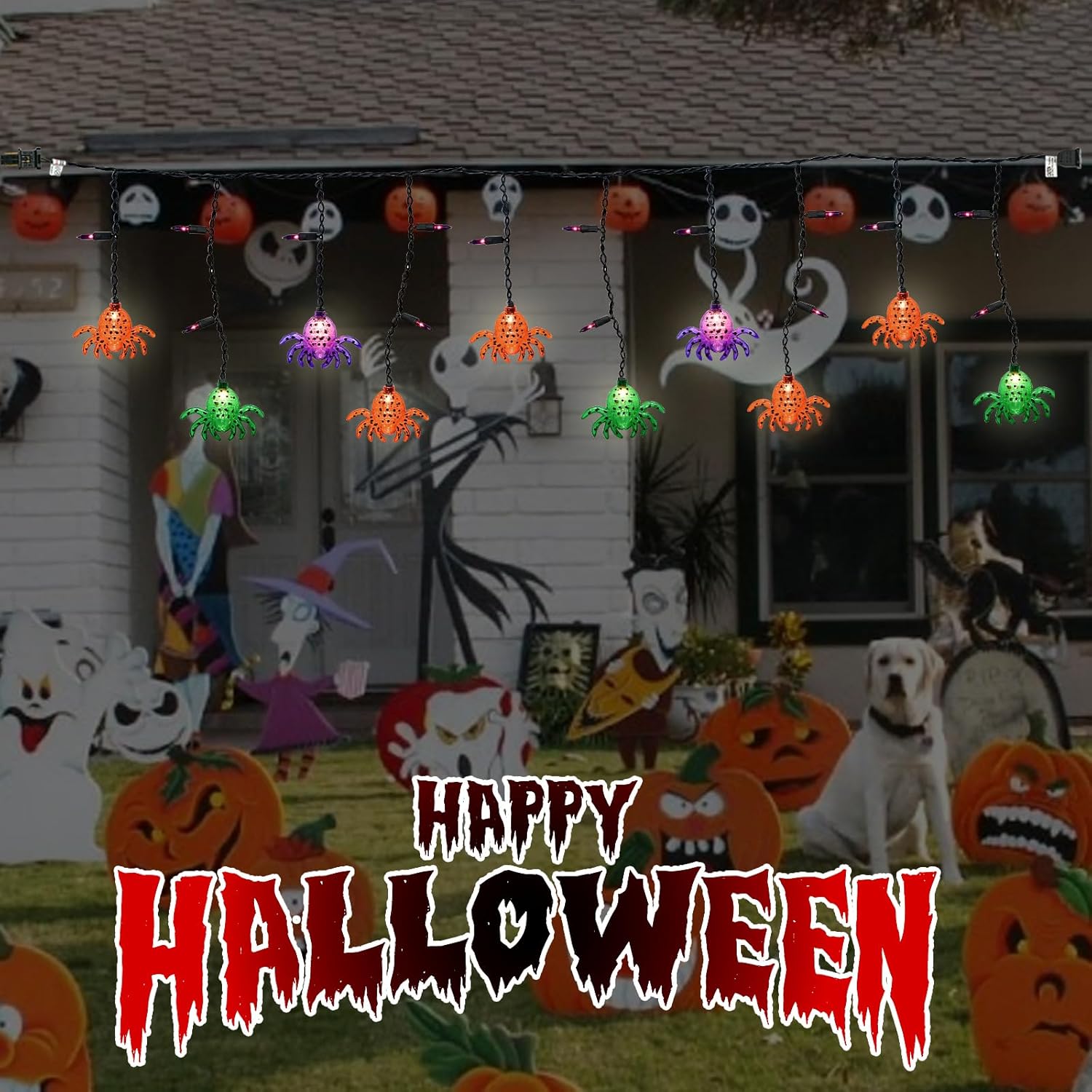 Romasaty Cortina de luces de araña de Halloween de 7 pies con 10 tiras de luces de araña impermeables, 25 luces LED temáticas de Halloween para