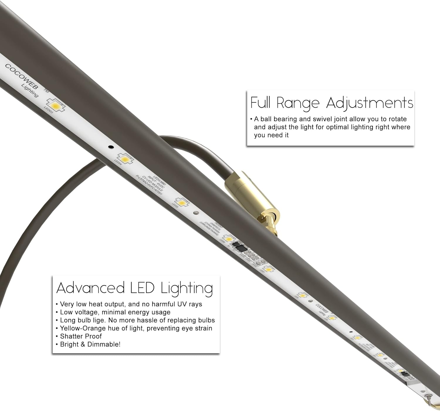 Cocoweb Lámpara de clip LED de bajo consumo regulable regulable con pantalla de luz giratoria – Bronce caoba con detalles de latón – GPLED19MBD