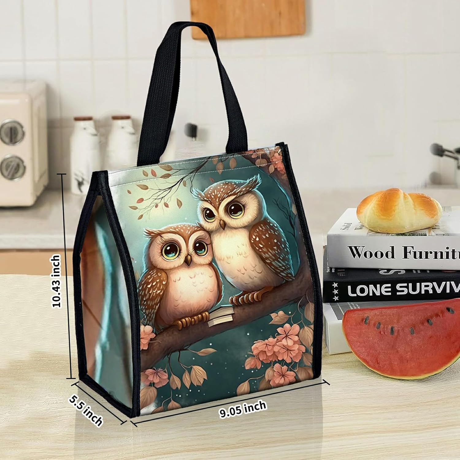Bolsas de almuerzo para parejas de búhos, linda caja de almuerzo para mujer, reutilizable, aislada, bolsa enfriadora, plegable, portátil, a prueba
