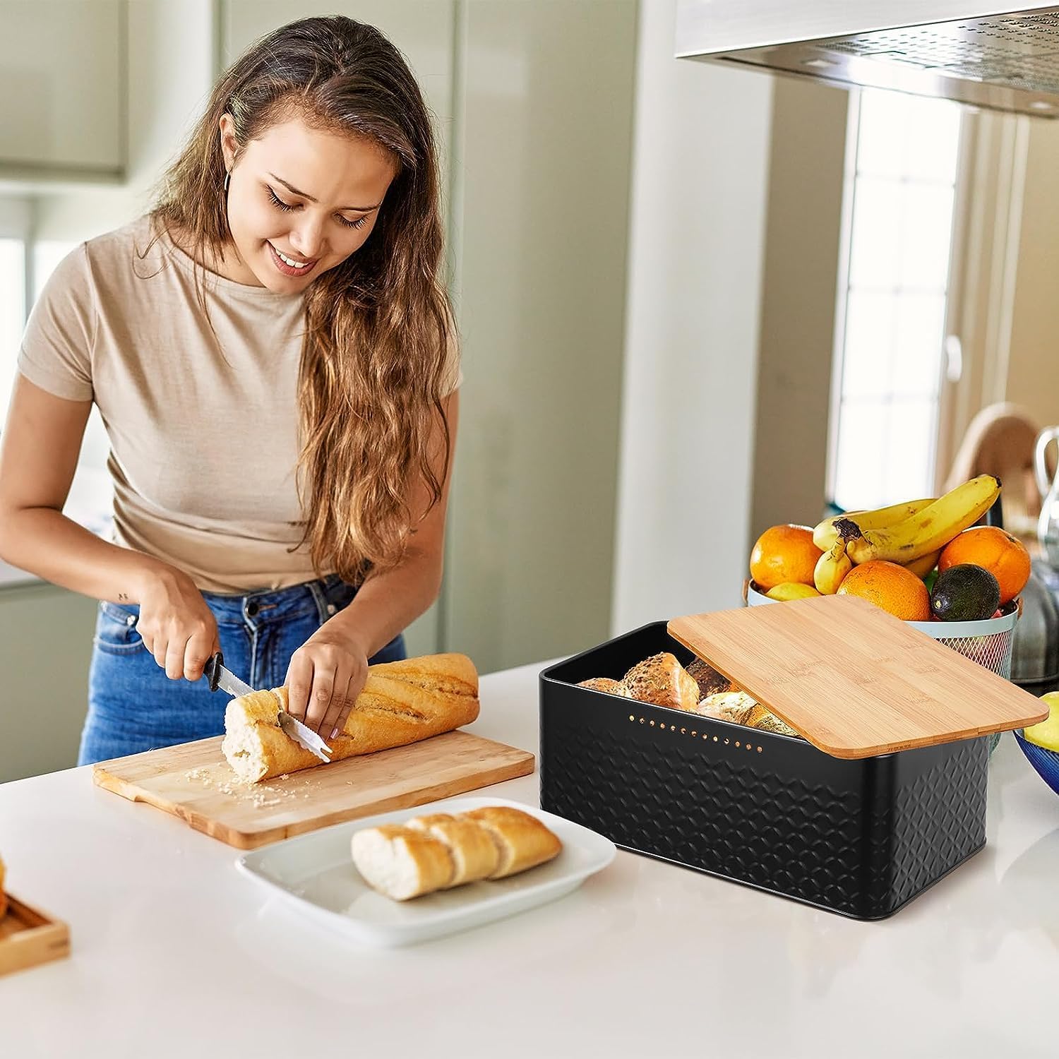 Widousy Panera con tapa de bambú, caja de almacenamiento de pan negro, contenedor para pan para organizador de almacenamiento de encimera de cocina