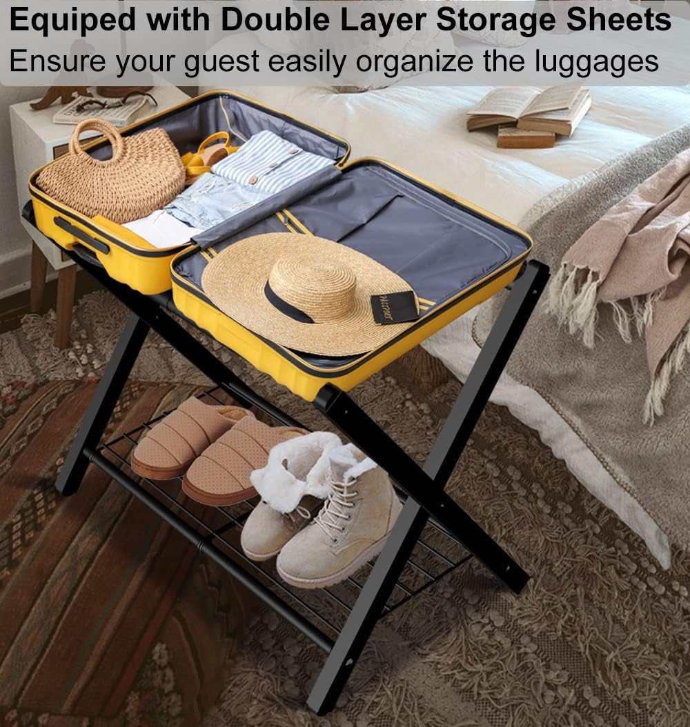 Portaequipajes plegable para habitación de invitados, soporte plegable de metal para maleta con estante de metal para dormitorio, negro, paquete de 1