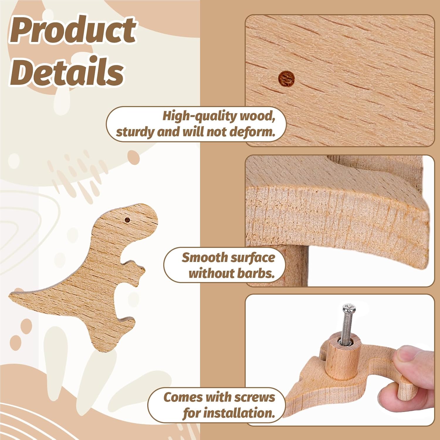 Whaline 6 pomos de madera de dinosaurio con tornillos decorativos con temática de dinosaurio, pomos de muebles de animales de madera natural para